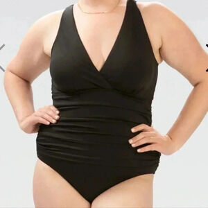 Dolfin Aquashape Swimwear Black Surplice Wrap Front One Piece‎ Size 18